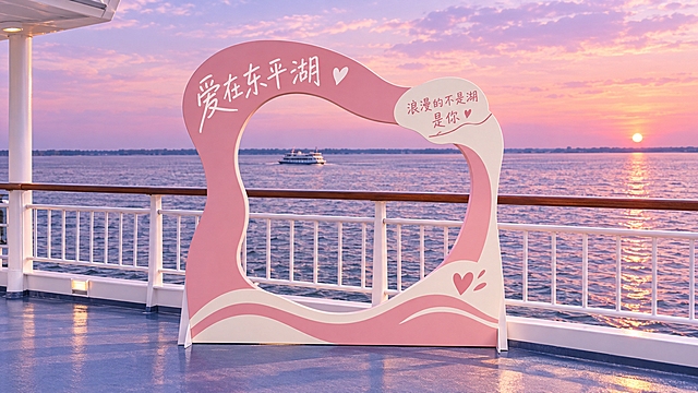 参考图中打卡牌设计风格，生成第四个东平湖浪漫主题镂空打卡牌：延伸创意造型为简约不规则流体异形框，PVC板材质，尺寸适中适合单人/双人打卡，文旅风简约大气治愈，不花哨不乱。主文字"爱在东平湖"，辅助小字"浪漫的不是湖 是你"，装饰元素极简：一颗小爱心、底部一道柔和曲线水纹，豆沙粉+奶白色配色，温柔高级。背景为游船甲板白色栏杆和辽阔东平湖湖面，傍晚粉紫色晚霞，无大桥，打卡牌放置在游船甲板临栏杆处，自然真实，透视正确，光影温柔浪漫，高清细节，2K分辨率