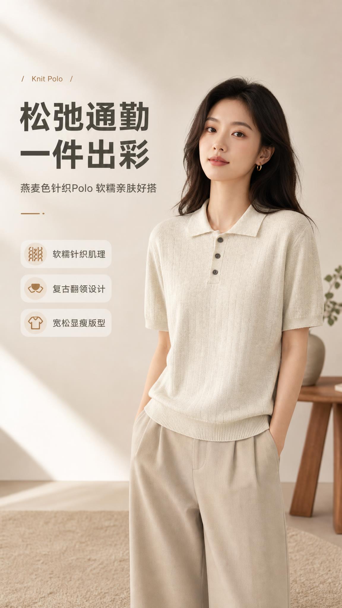 [商品] 使用【图1】燕麦色竖坑条针织短袖Polo衫；商品处理… - 图片创意预览