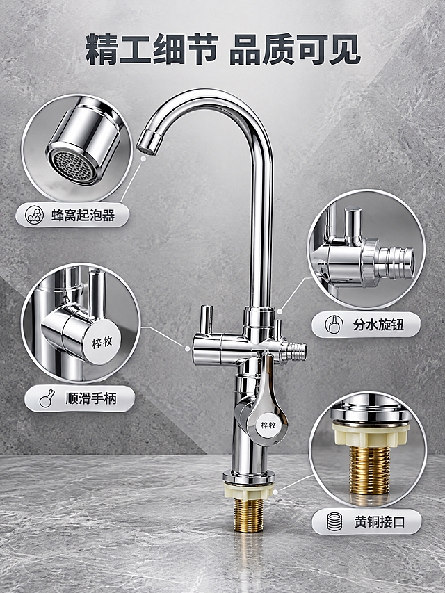 [商品] 使用【图1】梓牧双用厨房冷热水龙头；保留镀铬银色外观、高弯弯曲水管、侧面分水器、单手柄控制、底部黄铜安装接口、梓牧圆形Logo；产品精修，去除指纹水渍灰尘，增强金属电镀镜面光泽，不改变结构和比例。
[画面] 细节展示页，目标强化精工品质。中心放射式构图，主体产品居中，周围4个圆形放大镜细节框分别指向不同部位：上方指向出水嘴起泡器，左方指向手柄开关细节，右方指向分水器旋钮，下方指向底部黄铜接口。每个细节框放大展示该部位的精工细节，表面光滑，接缝均匀。浅灰色渐变背景。
[视觉] 套系策略：风格=大气高级现代商业摄影；标题字=思源黑体加粗无衬线；正文字=思源黑体常规；主色=深灰银；背景延展=基于深灰水磨石与浅灰岩板做深浅层级、同色系渐变和真实石材纹理；强调色=金属银，仅用于小面积图标、引线和标签；标题色=深炭灰色；正文色=中灰色；组件=圆形放大镜细节框、细银线引线、圆角标签；光影=均匀柔光，细节框内光影更突出，金属表面纹理清晰，整体干净精致。
[文字] 顶部大标题"精工细节 品质可见"。4个细节框各配短标签：蜂窝起泡器、顺滑手柄、分水旋钮、黄铜接口。标签放在细节框下方或旁边，全部横排。文字清晰不遮挡产品关键部位。
[规格] 图片比例3:4竖版，2K分辨率，medium质量。避免变形、错字、文字过小、产品结构改变、电镀质感失真、悬浮穿模、平台Logo水印。