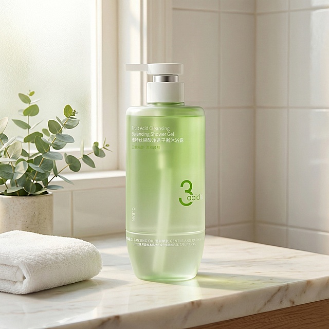 电商产品摄影，1:1 正方形构图，清新自然的浴室角落场景，柔和的自然光透过窗户洒入，营造出温馨舒适的氛围。将维特丝果酸净透平衡沐浴露放置在浅色大理石台面上，旁边搭配绿色植物与白色毛巾，整体环境干净整洁，充满生活气息。严格还原参考图中的产品，包括包装设计、颜色、LOGO 位置、文字内容、图案元素等所有细节，产品外观必须与参考图完全一致，不得改变包装设计、配色方案或品牌元素，保持产品的真实材质质感（高光 / 光滑 / 通透）。画面色彩以淡绿色和白色为主，呼应产品包装，传递出天然、温和、清爽的品牌调性，整体色调明亮柔和，无过度曝光或阴影，营造出健康舒适的沐浴生活方式，适合作为电商详情页首图，引发用户情感共鸣。负面词：模糊，变形，扭曲，水印，文字杂乱，logo 位置错误，颜色偏差，材质失真，画面杂乱，杂物过多，阴影过重，过度曝光，噪点，低清晰度，拉伸，截断，现代风格突兀，非清新色调，昏暗压抑，人物多余，构图混乱，塑料感过重，质感粗糙，包装破损，细节缺失，品牌元素缺失，不自然光影，杂乱背景，色彩不协调