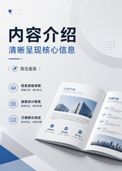 简约商务风介绍类KT板海报，主标题“内容介绍”，副标题“清晰呈现核心信息”，装饰文案“简洁直观”，卖点标签“信息层级清晰”“版面设计精美”“方便展示阅读”，整体画面干净简约，层次分明，四边留足安全边距预览效果