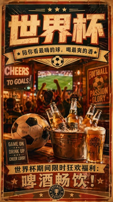 在原图基础上添加一行文字：'世界杯期间限时狂欢福利：啤酒畅饮！'，文字风格与原海报复古美式风一致，位置置于画面中下部空白区域，清晰可读不遮挡主体，保持整体排版协调预览效果