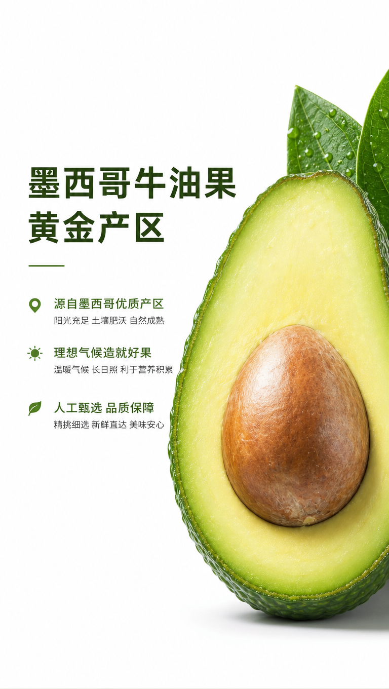 简约干净的食品详情页设计，白色背景，主题是墨西哥牛油果产地。画… - 图片创意预览