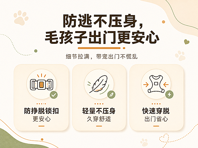 电商详情页第三屏设计，主标题"防逃不压身，毛孩子出门更安心"居中，大字体，焦糖橘下划线点缀，副标题"细节拉满，带宠出门不慌乱"；中间排列三个横向圆角浅米色圆角模块：{"name": "scene_tool