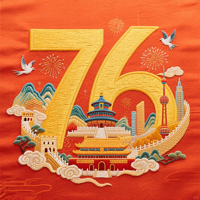 红橙色背景中，粗宋体黄色数字 “76“，数字内部有山水和国家标志性建筑（天坛、长城、故宫、东方明珠等），四周有和平鸽、祥云环绕，还有国家地标建筑群和烟花，无阴影