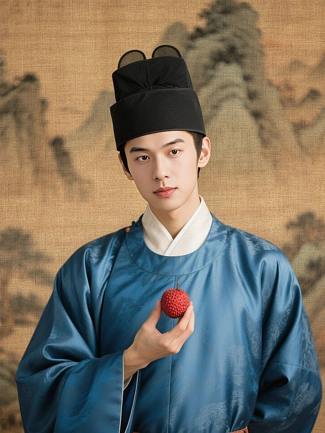 身着精美唐制蓝缎圆领窄袖袍，头戴黑色幞头帽，一手醒目地托着一颗大红荔枝。主体居中，中式古风带现代摄影感，古风元素暖色调，背景山水晕染笔触，营造历史厚重感与故事氛围，不要模糊。