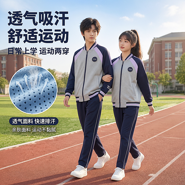 [第3张] 透气吸汗功能解析页-秋季长袖校服套装面料透气演示。本张使用【图3】作为商品主体和模特参考。
[氛围/风格] 运动活力校园风，跑道场景，动态感，商业摄影质感，突出舒适运动。
[元素布局] 画面主体为男女学生模特在红色塑胶跑道上并肩行走的动态画面，占比约60%，身穿灰紫藏青拼色套装，男生手插口袋，女生挽着男生手臂，自然行走姿态；背景是草坪、篮球架和红砖教学楼；画面左侧有面料微距放大圆窗，展示面料纹理和透气孔；右侧有透气箭头示意图案；套装颜色、拼接、徽章、条纹与输入图一致。
[光影质感] 下午侧逆光，温暖明亮，人物有轮廓光，跑道质感清晰，动态模糊自然。
[配色色系] 全局底色以跑道红和草坪绿为主；主色藏青#1A237E；辅助色淡紫#CE93D8 + 白色文字。
[视角构图] 正面微侧视，人物在画面中偏右，左侧留出面料展示和标题区。
[文字版式] 版式为左侧标题+面料示意 + 右侧人物主体。左上主标题「透气吸汗 舒适运动」，副标题「日常上学 运动两穿」，黑体字左对齐；面料微距圆窗旁标注「透气面料 快速排汗」；底部小字说明「亲肤面料 运动不黏腻」；文字不遮挡人物主体。
[比例分辨率] 9:16 竖版比例，4K分辨率，文字清晰可辨，高清画质。
[负向提示词] 服装变形，颜色偏差，水印，文字错乱，人物面部失真，动态模糊过度。