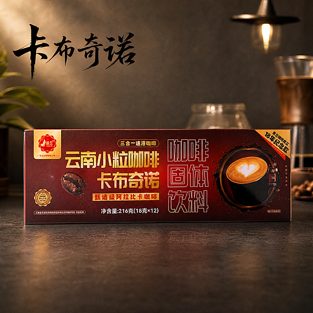 产品精修：景兰卡布奇诺三合一速溶咖啡盒进行商业化精修，提升整体质感与高级感，光影立体通透. 背景设置为高级有感觉的深灰哑光桌面+微虚化暖调背景, 营造精品咖啡品牌氛围. 保留包装所有文字与图案细节：'景兰'logo、'云南小粒咖啡'、'卡布奇诺'、'三合一速溶咖啡'、'甄选级阿拉比卡咖啡'、'固体饮料'、'净含量:216克(18克×12)'、'18年纪念款'及咖啡杯拉花插图，确保外观、颜色、排版与原图绝对一致，杜绝变形与色差. 产品居中摆放，占比约65%，画面满屏无边框. 文案排版：左上角大字'卡布奇诺'黑色粗体书法字, 清晰不遮挡产品主体. 1:1比例，4K分辨率，商业摄影质感，画面高级干净. 负向提示词：变形，水印, 文字错乱, 背景杂乱, 颜色失真。