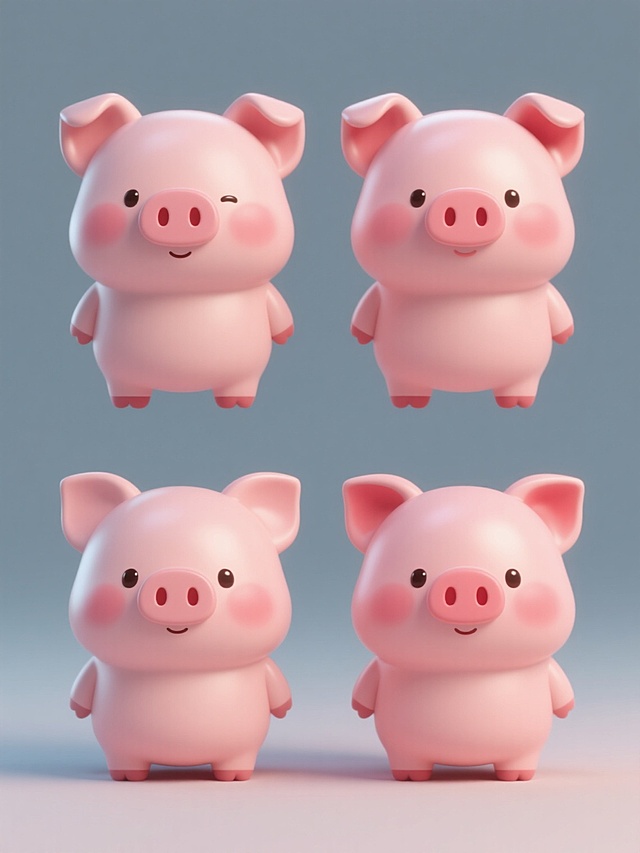 四个规整排布的3D卡通小猪形象，每个小猪保持简约现代的造型风格，拥有圆润的身体、大大的耳朵、小巧的眼睛和鼻子，脸颊带有红晕，整体呈现柔和的粉色渐变，表面光滑有光泽，光影过渡自然，立体感强，纯色背景，无任何文字和水印。