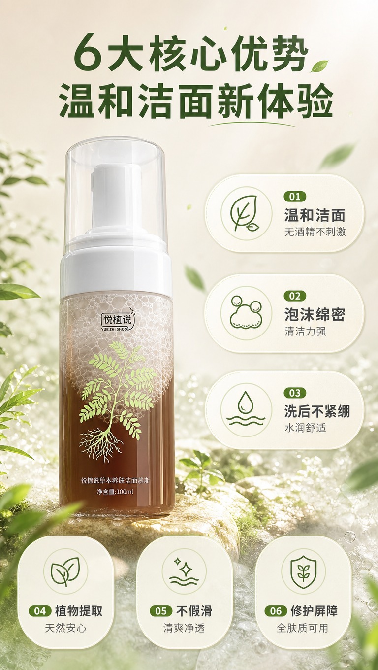 [商品] 使用【图1】悦植说草本养肤洁面慕斯瓶装；保留透明瓶身… - 图片创意预览