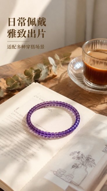 [第2屏] 场景种草，紫水晶手串日常佩戴氛围感展示。本屏使用【图1】作为商品主体。
[氛围/风格] 轻法式慵懒氛围感，书桌场景，温柔暖光，文艺精致质感。
[元素布局] 手串放置在原木书桌打开的书本上，预览效果