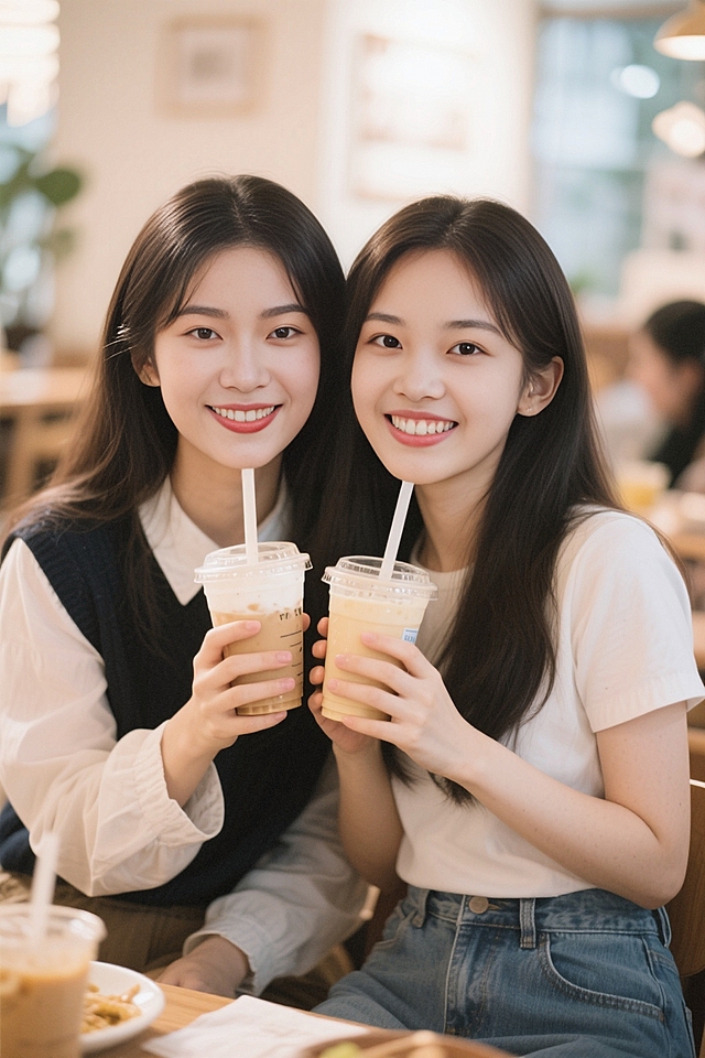 清新自然的风格，两位少女手持饮品，笑容温暖，营造出舒适且真实的日常场景。