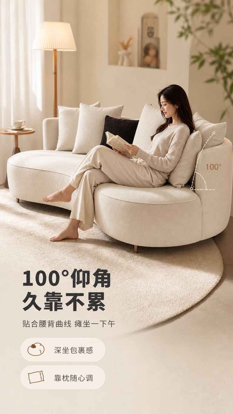 [商品] 使用【图1】奶油白色弧形休闲沙发；保留弧形造型、米白… - 图片创意预览