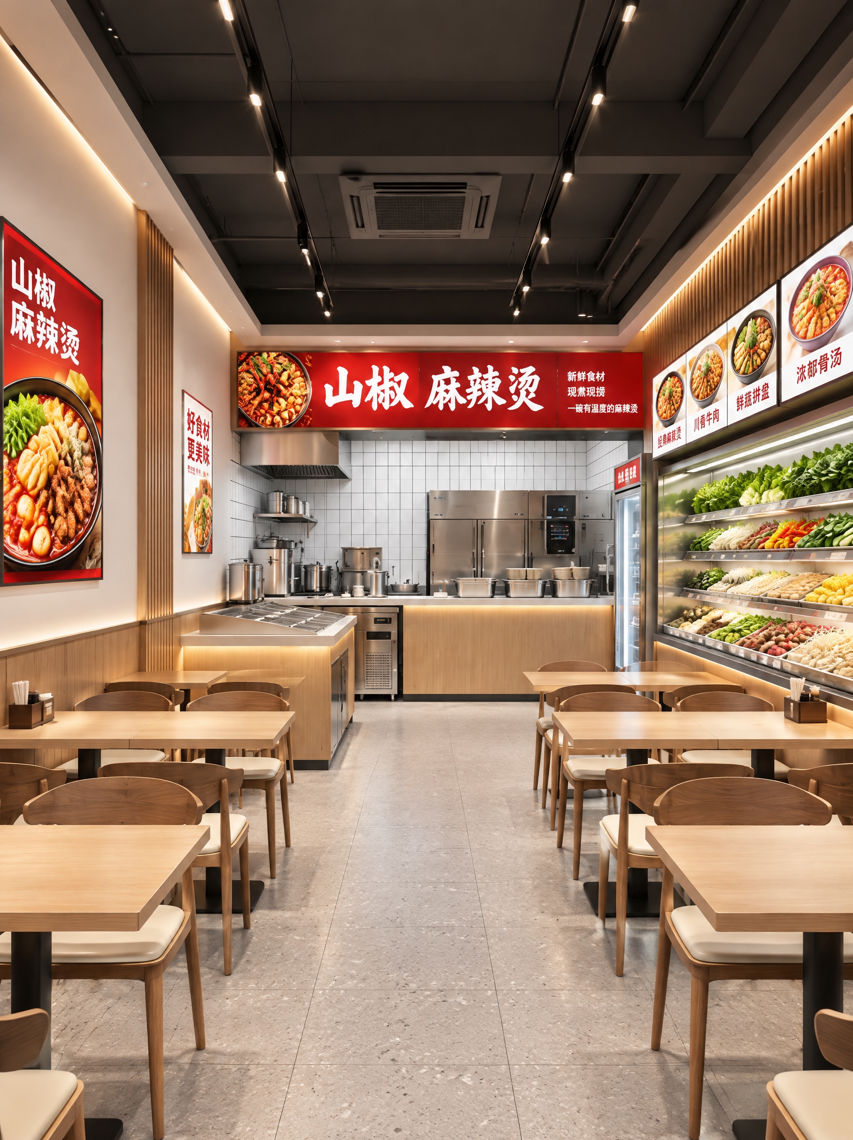 图生图模式：参考4张麻辣烫门店照片的整体风格（现代简约、原木+… - 图片创意预览