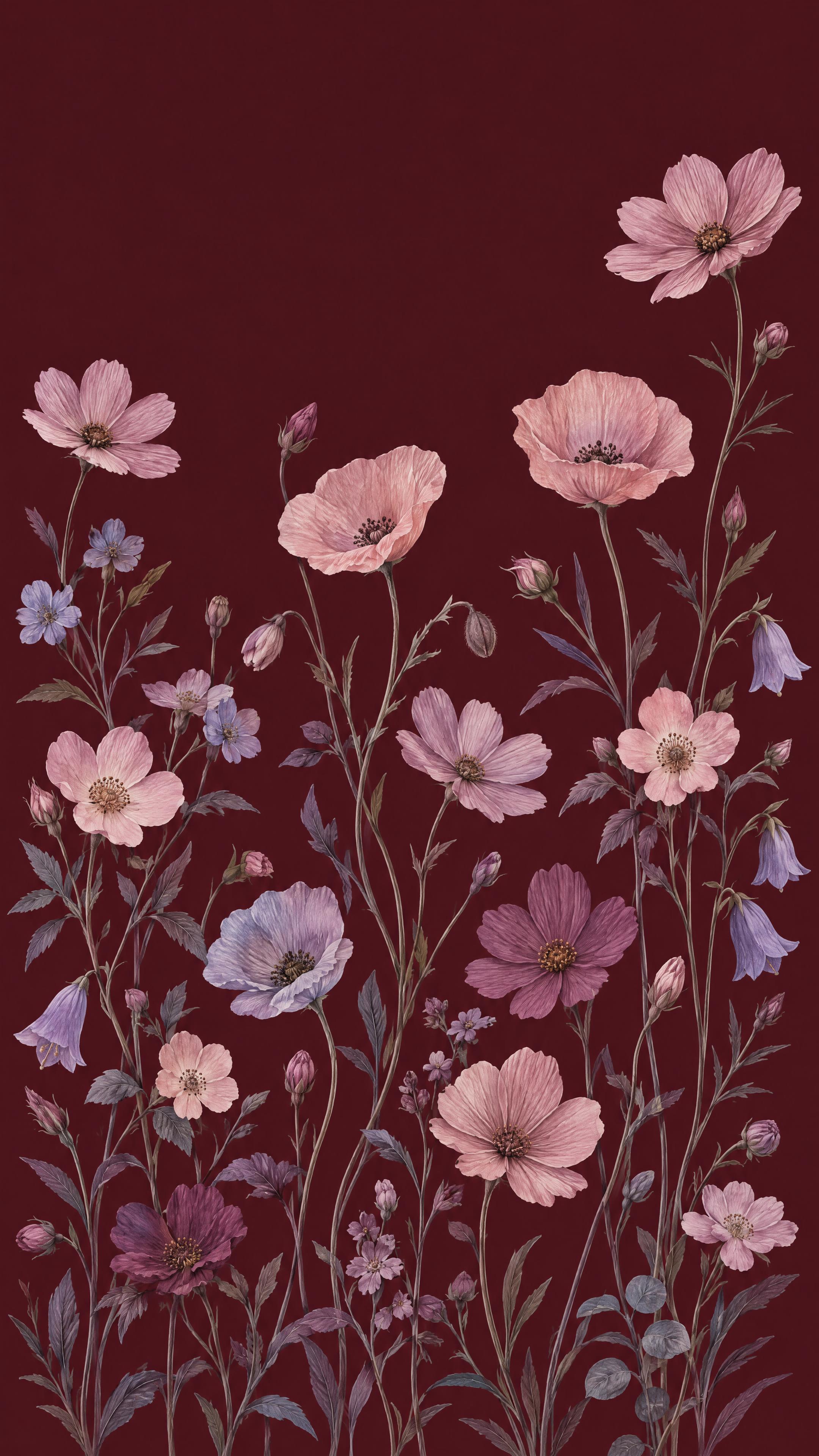 9:16竖版复古植物花园插画。背景为均匀纯净的深勃艮第酒红色，… - 图片创意预览