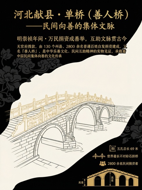 国潮复古线稿插画，参考示例图片风格，背景半黑半留白，以河北献县单桥（善人桥）为主体，还原五孔不对称石拱桥的独特形制，重点刻画南高北低的非对称拱券结构，桥面栏板处用极简线条刻画历史故事浮雕轮廓。保留完整预览效果