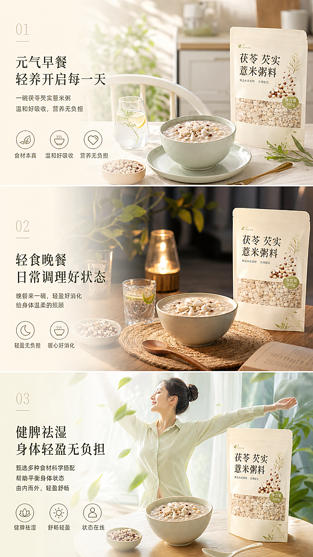 电商分屏详情页，展示茯苓芡实薏米粥料日常食用场景，适合湿气重人群、上班族作为早餐晚餐，突出健脾祛湿调理后身体轻盈的产品理念，场景清爽干净，风格自然简约