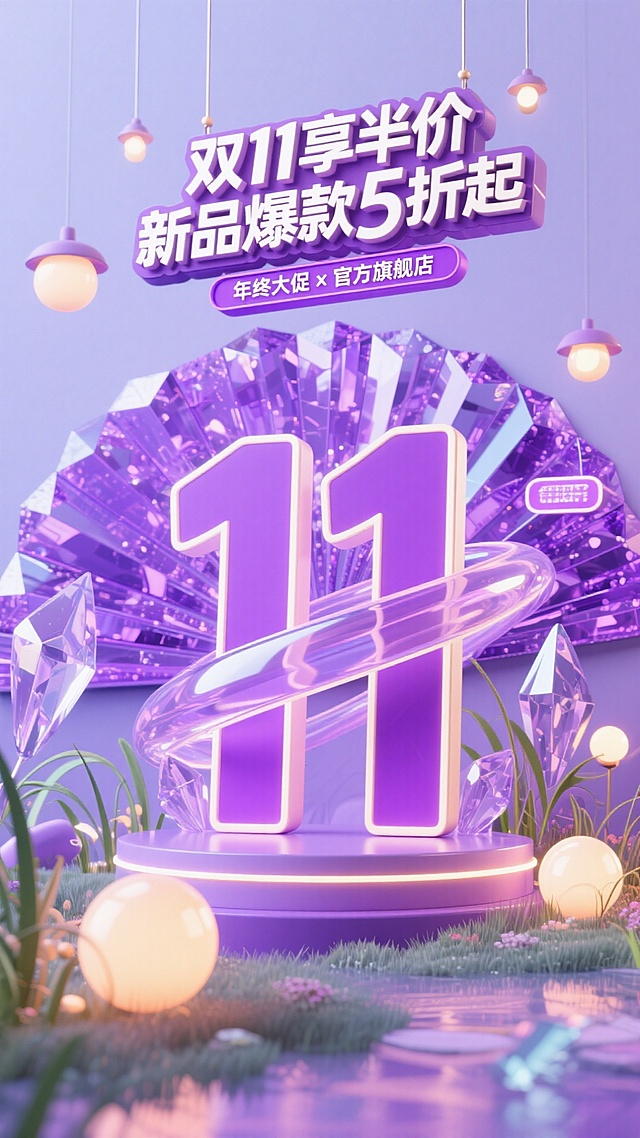 淡紫色调，画面以巨型紫色 “11” 装置为视觉核心，上方悬挂 “双11享半价 新品爆款5折起” 立体标题牌，搭配紫色灯牌标注 “年终大促x官方旗舰店”。背景为紫色水晶扇面结构，搭配水草、灯球等元素。