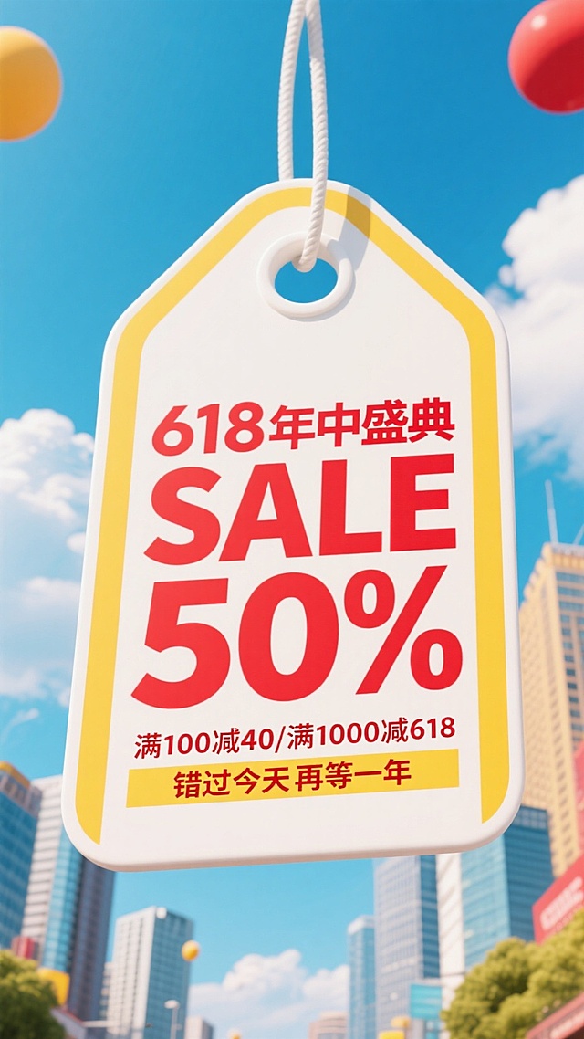 一个巨大的白色吊牌样式。中间文案（主标题红色粗体“618年中盛典 SALE 50%”，副标题“满100减40/满1000减618”。下方文案“错过今天再等一年”）。背景黄蓝系对比