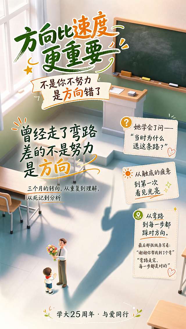 在这张教室感恩教师图片中填入文字，主标题："曾经走了弯路 差的不是努力 是方向"，副标题："三个月的转向，从重复到理解，从死记到分析"，小标题："她学会了问—— '当时为什么选这条路？'"，小标题："从触底的疲惫 到第一次看见光亮"，小标题："从弯路 到每一步都踩对方向。最后那张纸条写着：'谢谢你帮我转了个弯' "弯路走完，每一步都是对的""，大标题："方向比速度 更重要 不是你不努力 是方向错了"，底部文字："学大25周年 · 与爱同行"，排版画面生动有朝气，保持原图场景和人物不变