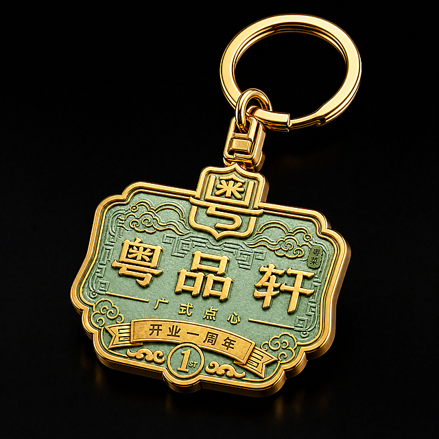 基于现有浅绿色配金色的粤品轩开业一周年徽章，设计一款实物金属钥匙圈，保留徽章图案，增加金属钥匙挂环，展示真实金属质感的钥匙圈产品实物效果