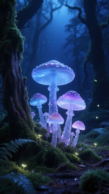 在深蓝夜幕下的奇幻森林中，几簇散发着柔和荧光的透明蘑菇生长在布满苔藓的枯木旁，蘑菇伞盖泛着幽蓝与淡紫的渐变光泽，茎部如水晶般剔透，周围点缀着发光的苔藓和微小的萤火虫，远处有朦胧的奇幻树木剪影，地面覆盖着带有露珠的蕨类植物，整体呈现出梦幻、神秘的暗色调场景，光影以蘑菇自身发光为主，营造出静谧而魔幻的夜间森林氛围。预览效果