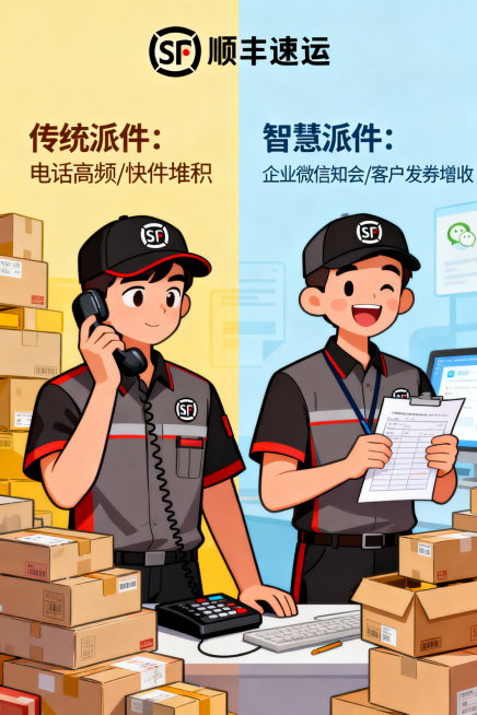 抽象动漫风格小海报，主角是身穿顺丰工作服的收派员，画面有顺丰品牌元素，左侧展现收派员以往高强度打电话联系客户、面对大量快件辛苦忙碌的状态，右侧展现收派员使用企业微信的派前派后知会功能轻松处理快件、通过预览效果