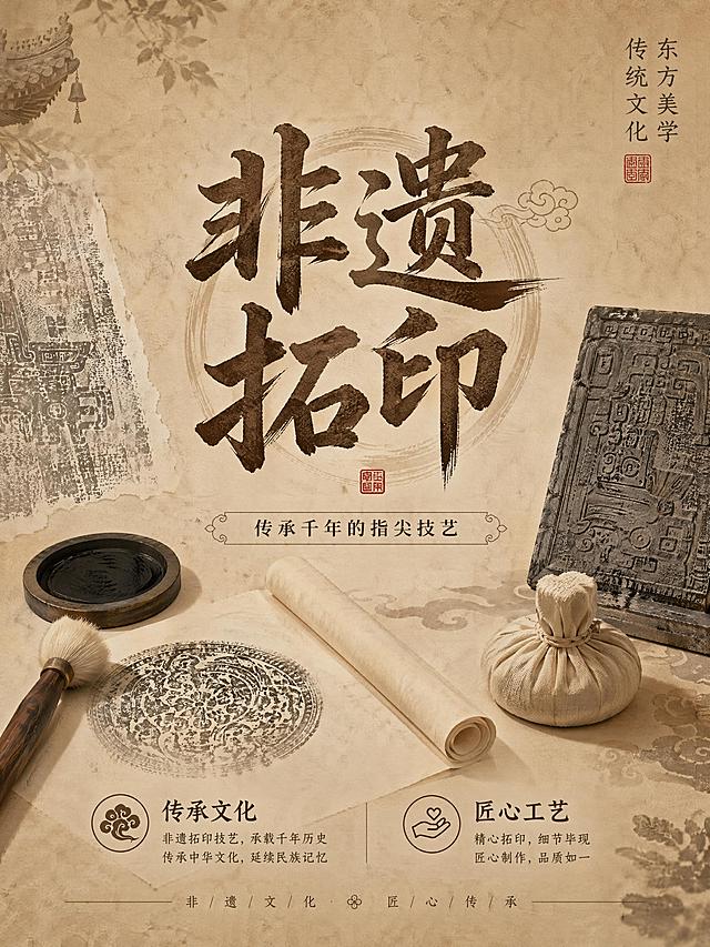 非遗拓印文化宣传海报，整体卡其色复古质感，以传统拓印工具和宣纸纹理作为背景。画面中央显示大主标题"非遗拓印"，副标题"传承千年的指尖技艺"，角落装饰文字"东方美学 传统文化"，分开展示卖点"传承文化"和"匠心工艺"。版式精美，留白得当，文字清晰可读，采用竖版构图，整体色调统一为卡其色系，充满东方传统文化韵味，超高清画质。