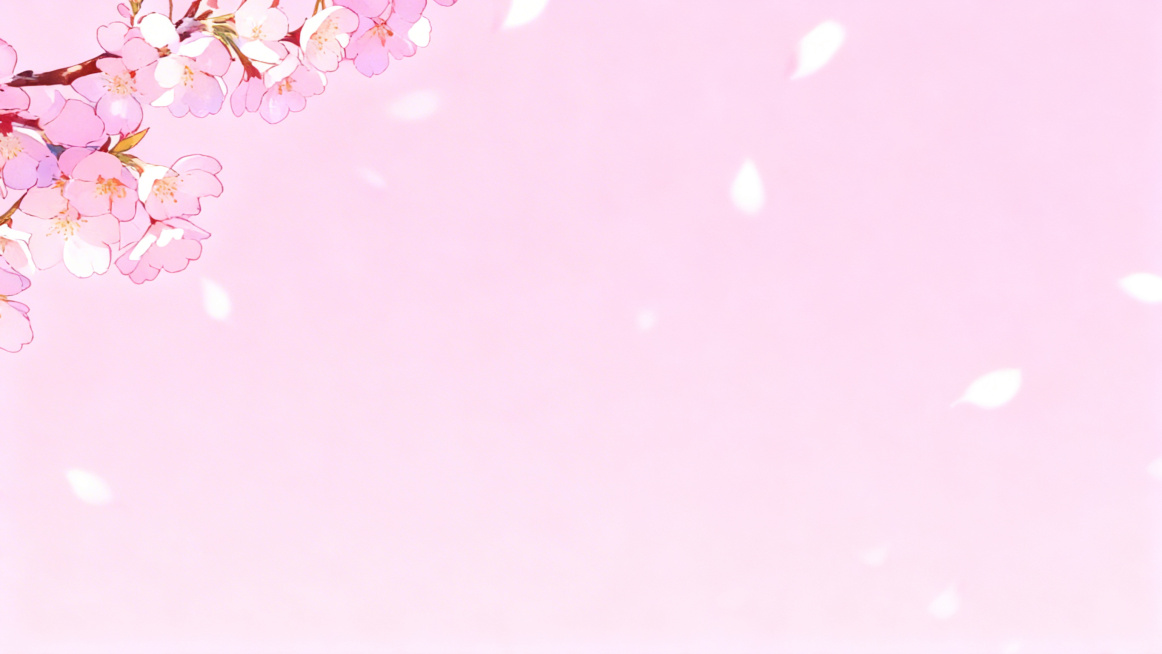 将现有樱花花枝进一步缩小，樱花绘画风格完全参考原图保持一致，保留粉色渐变背景和飘落樱花效果，图片中间留出更大面积的空白区域，左上方也适当留出更多空白，整体16:9比例，4K分辨率，色调和谐预览效果