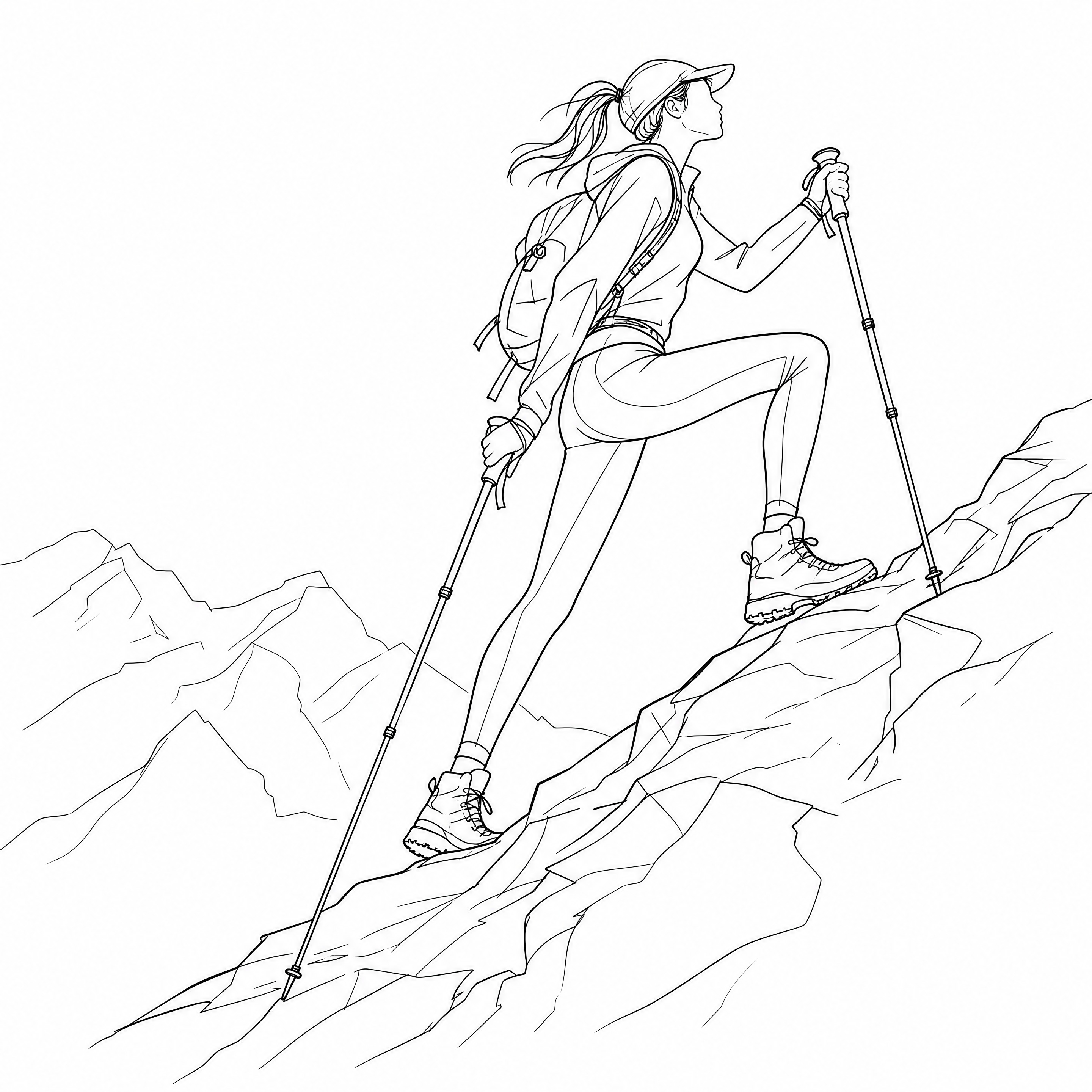 超简约手绘线稿风格年轻女性登山者，修长的人物比例，黑白线条画，… - 图片创意预览
