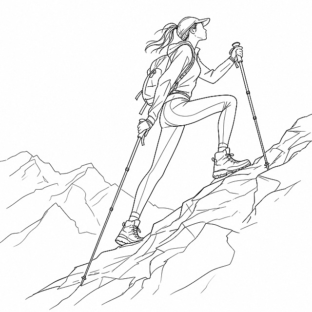超简约手绘线稿风格年轻女性登山者，修长的人物比例，黑白线条画，抽象概括线条，大透视角度，强烈视觉张力，登山穿搭，身穿速干衣和leggings，脚穿登山鞋，手持登山杖，攀登姿势，用简洁流畅的线条概括人物形态，白色背景，纯线稿无填充色，矢量风格，概括细节，手绘感，全身像