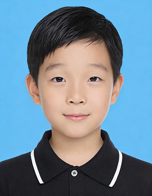 https://gd-visitor.dancf.com/tmp02/undefined/86ca4a962a234c8ca2588cc7c7f93bdd.jpg https://gaoding-market.dancf.com/market-operations/independent/side/8db35d43c7c24bc6923dc77e1b3e6591/1773891387461.png 保留第一张图中人物发型､脸型､年龄特征生成标准样式纯正面儿童证件照;人物主体严格居中,头部大小与位置严格对齐第二张图,双肩水平平衡,面部中轴线对齐画面中心,正视前方;标准儿童证件照构图,人物绝对居中,头顶上方距离上边缘高度10%,下巴距离画面下边缘高度36%,人物主体占比约72%;肩部平展与画面水平轴平行;头部占比严格对齐第二张图;提亮肤色,消除暗沉,清透裸妆,隐形毛孔,均匀肤色,唇色自然提亮;肤色白皙细腻,原生轻透肤质;眼神澄澈,看向镜头,气质自信,嘴角微微上扬表情自然;耳廓可见度一致;肩部平展,肩线与画面水平轴平行;头肩比例协调呈现;免冠,五官完全露出,不戴眼镜,不戴帽子,无头饰,无发带;身着黑色领口带白边的polo衫翻领针织短袖上衣,不戴帽子,无头饰;柔和正面顺光均匀柔光,面部明亮无硬影,背景均匀提亮,画质清晰,零噪点降噪;面部清晰;背景亮度均匀统一;高清锐利画质,细节清晰可见;零噪点处理;色彩还原自然;均匀柔和布光,无明显阴影,面部光影干净,柔光正面打光,自然光影过渡,皮肤质感细腻,哑光质感;标准焦段50mm,纯正面,入境范围头部至胸部以上区域,F/4光圈(兼容F/2.8-F/4区间),平视视角(镜头与人物视线完全齐平),正视视图;人物绝对居中(居中构图),位于画面中心;严格限定标准证件照规格;视线水平(瞳孔连线与画面水平线平行);双耳对称露出,双肩水平且平衡,头部占比严格对齐垫图,禁止大头照;专业证件照质感,高清人像质感,细腻皮肤纹理,高分辨率;严格按照第一张图内容生成,分辨率4K,极简纯色蓝色背景