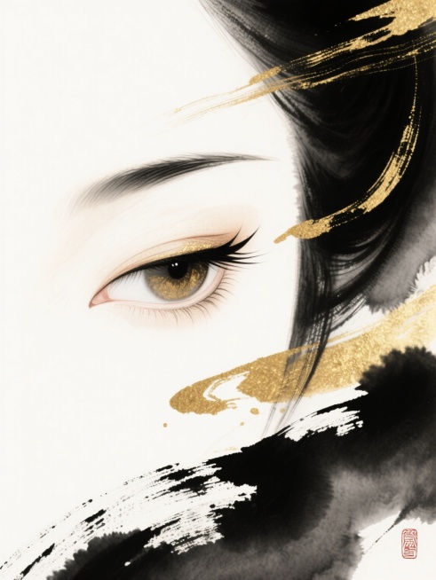 中国水墨风格，黑金配色，金色占比多一些，女人的眉眼特写，眼睛细长，特写瞳孔，混沌世界，飘渺，水墨画，留白预览效果