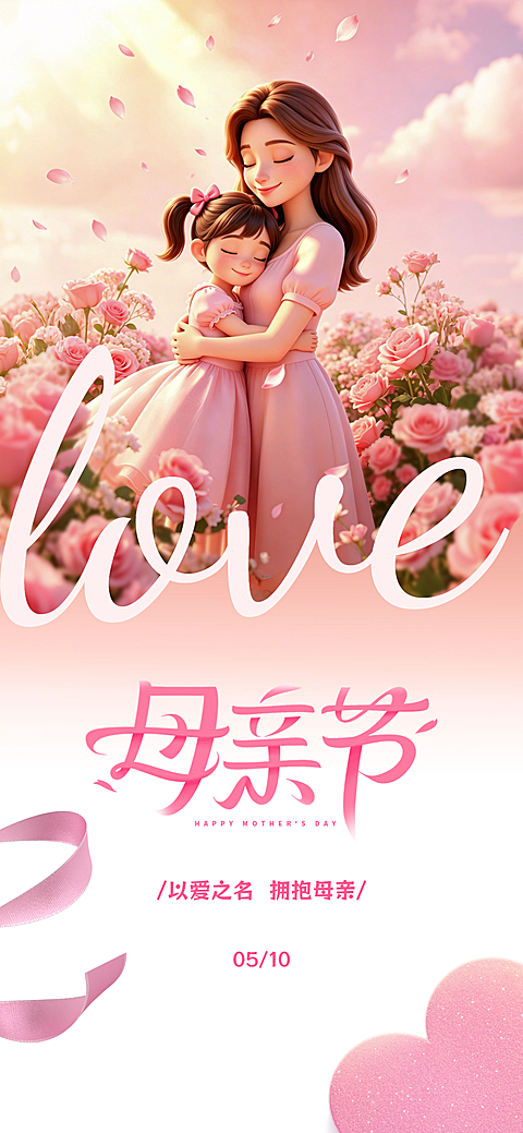 母亲节温馨浪漫粉色梦幻玫瑰电商海报