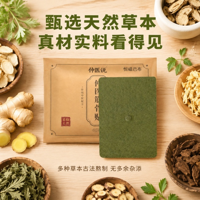 [主图-2] 核心草本原料卖点展示
[氛围风格] 天然纯净质感，干净通透养生氛围
[画质] 商业摄影质感、光线柔和通透、产品清晰真实、画面干净高级
[元素] 恒次巴布筋骨贴产品居中，周围环绕多种天然草预览效果