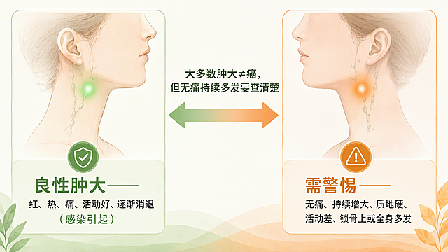 医学信息图解风格，左右对比图布局。左侧：一个颈部侧面轮廓，淋巴结位置有一个柔和的绿色光点，下方清晰标注中文文字"良性肿大——红、热、痛、活动好、逐渐消退（感染引起）"。右侧：一个颈部侧面轮廓，淋巴结位置有一个柔和的橙色光点，下方清晰标注中文文字"需警惕——无痛、持续增大、质地硬、活动差、锁骨上或全身多发"。两个轮廓之间由一个柔和的双向箭头连接，箭头上方或中间标注中文文字"大多数肿大≠癌，但无痛持续多发要查清楚"。温暖绿橙配色，干净简约，横版构图，高清细腻