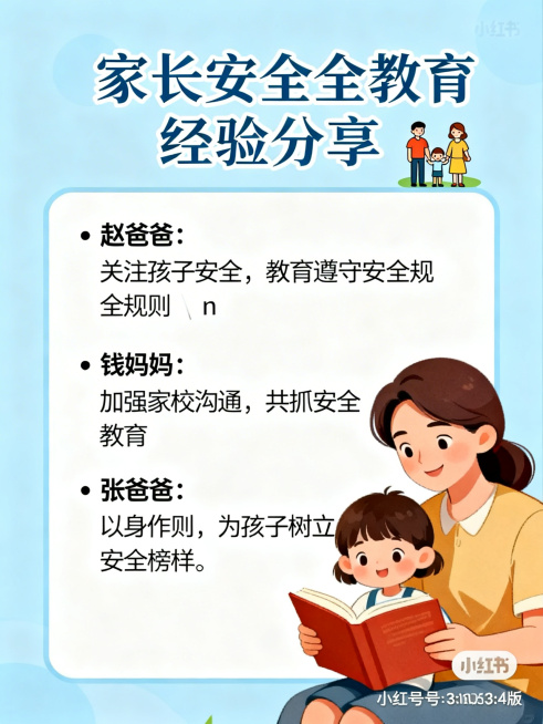 小红书3:4竖版宣传图，家长安全教育经验分享主题，浅蓝色背景。顶部标题"家长安全教育经验分享"配家庭图标。左侧文字框内容："• 赵爸爸：关注孩子安全，教育遵守安全规则\n• 钱妈妈：加强家校沟通，共抓预览效果