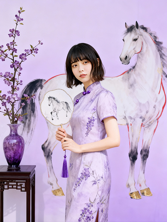 人物姿势优雅温婉，表情柔和、浅笑凝视；画面主体为身着淡紫色中式改良旗袍的成年女性（旗袍带暗纹紫藤花，领口缀紫色珠扣），手持缀紫色流苏的刺绣团扇（扇面绘水墨骏马），呈侧身站立姿态；背景为淡紫色渐变底色，搭配红金线条勾勒的水墨风骏马（马身淡墨晕染，完整马尾、马头、马蹄）；左侧设中式花架，架上摆紫色琉璃花瓶，瓶插紫色海棠枝；柔和国风美学，主色调淡紫 + 红 + 金，平视中景构图，女性占画面核心，静态展示。