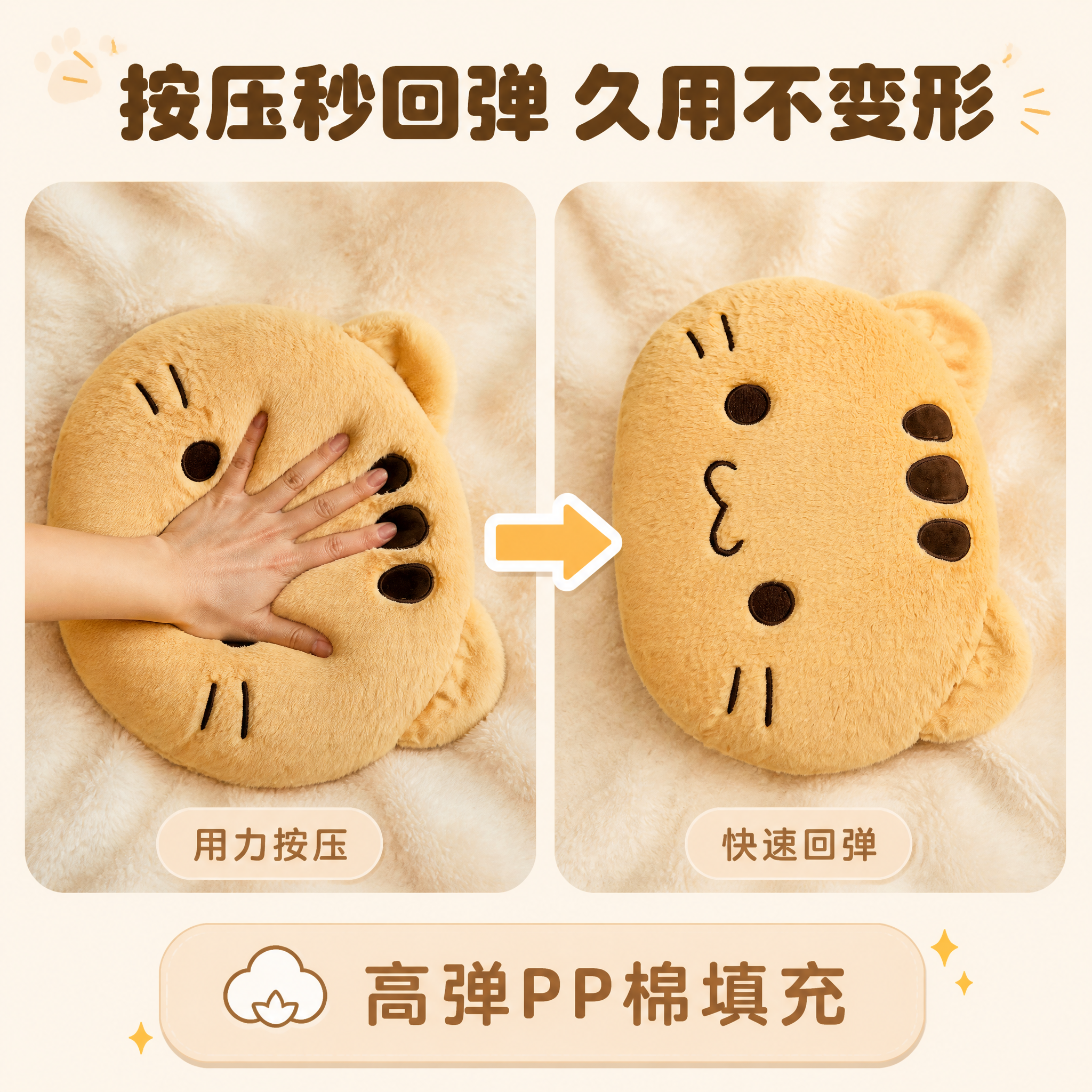 [主图-7] 大黄猫抱枕 回弹测试图 柔软可靠证明。 [统一基… - 图片创意预览