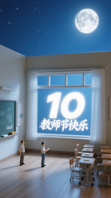 教室沉浸在一片静谧之中。月光如轻纱般，透过洁净的窗户，温柔地洒落在教室的地面上。窗户边框线条简洁流畅，在月光的映照下，其影子与月光相互交织，巧妙地在地面上生成了数字 “10” 的艺术影子。在数字 “1预览效果