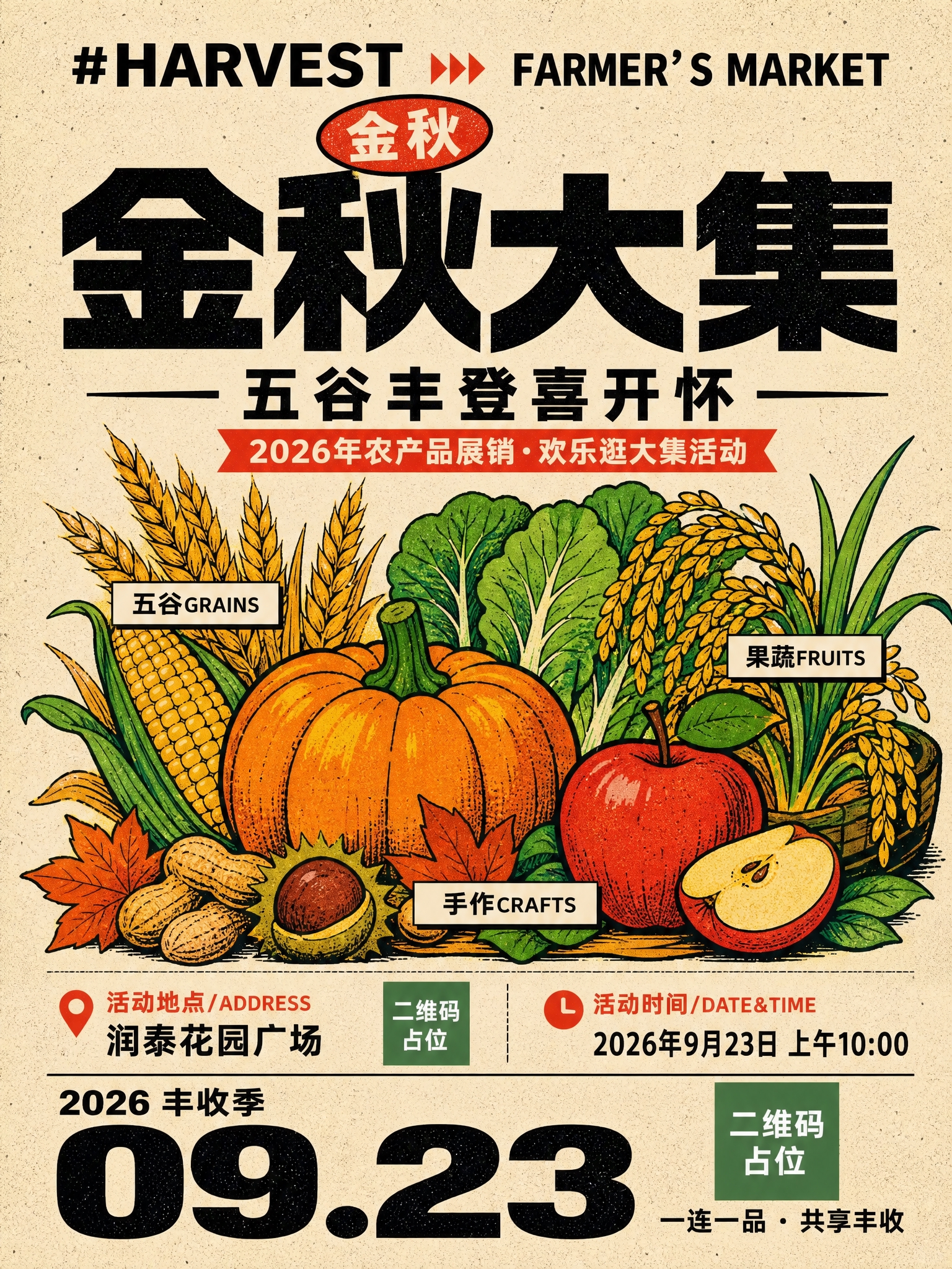 参考图的版式骨架与复古版画风格，重新生成一张金秋农产品大集活动… - 图片创意预览