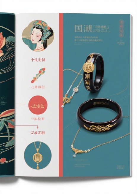 核心风格要求（所有页面通用前缀）：国潮风，融合大漆非遗技艺元素（漆色、漆纹、漆工艺细节），现代简约审美，色彩以大漆经典色（朱红、乌黑、明黄、石青）为主，搭配低饱和辅助色，画面细腻有质感，版式干净留白合预览效果