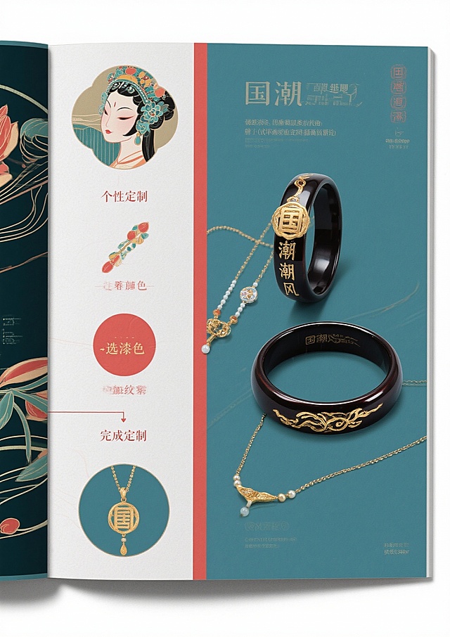 核心风格要求（所有页面通用前缀）：国潮风，融合大漆非遗技艺元素（漆色、漆纹、漆工艺细节），现代简约审美，色彩以大漆经典色（朱红、乌黑、明黄、石青）为主，搭配低饱和辅助色，画面细腻有质感，版式干净留白合理，符合品牌年轻化定位，高清商业宣传册质感，300dpi，适合印刷第1页：封面提示词：国潮风品牌宣传册封面，主体展示“漆造”品牌Logo，Logo融入大漆髹涂纹理，背景为渐变朱红大漆底色，点缀细金漆线条勾勒的传统缠枝纹，右上角标注核心定位“千年大漆，玩转出圈”，右下角小字“非遗大漆年轻化品牌”，整体风格大气简约，视觉中心突出，无多余元素第2页：品牌引言·何为漆造提示词：国潮风宣传册内页，左侧大面积留白，用乌黑漆色书写标题“何为漆造”（书法字体），下方配小字“以漆为媒，连接传统与当下”；右侧分上下两个小版块，上方是浅米色背景搭配朱红漆线勾勒的大漆树简笔画，下方是简洁文字区域（文字内容占位符：“漆造，立足大漆非遗年轻化传播，打破技艺认知门槛，让千年漆艺走进当代生活”），画面左侧加1条细石青漆色竖线分割，整体雅致有呼吸感第3页：核心定位·千年大漆 玩转出圈提示词：国潮风宣传册内页，版式左右分栏，左侧朱红大漆底色，用金色字体突出核心定位“千年大漆，玩转出圈”，背景暗纹为大漆推光工艺的细腻光泽纹理；右侧浅灰色背景，上方是“定位解读”标题（石青漆色），下方用简洁图标+文字占位符呈现核心逻辑：“传统漆艺传承+潮流载体创新+情感互动体验”，每个逻辑点搭配简约漆艺元素图标（漆刷、潮流配饰、握手符号）第4页：非遗底蕴·大漆的千年传承提示词：国潮风宣传册内页，上方通栏展示大漆技艺历史场景简绘（低饱和度水墨风格，描绘古代工匠髹漆场景），下方分两栏，左栏标题“大漆非遗的文化内涵”（乌黑漆色），配朱红漆色细边框；右栏标题“千年技艺的当代价值”（乌黑漆色），同样配朱红漆色细边框，两栏均预留文字占位符区域，背景点缀细微漆粉质感纹理第5页：品牌Logo设计解析提示词：国潮风宣传册内页，左侧主体展示“漆造”Logo完整图形，Logo采用朱红与乌黑撞色，融入大漆缠枝纹与“漆”字意象，右侧分三个小版块，分别标注“色彩寓意”“纹样灵感”“字体设计”，每个版块搭配对应简约图标（调色盘、缠枝纹、字体符号），背景为浅米色，所有分割线采用石青漆色，突出设计细节第6页：品牌IP形象·漆小匠提示词：国潮风宣传册内页，左侧大面积展示IP形象“漆小匠”全身图（卡通形象，身着融合漆艺元素的潮流服饰，手持漆刷，面带微笑，形象活泼可爱），右侧展示IP三个不同动作表情（挥手、举产品、讲解漆艺），下方标注IP形象定位“漆艺文化传播小使者”，背景为浅灰色，点缀朱红漆色小圆圈装饰，整体风格童趣且不失国潮质感第7页：产品系列总览·漆造好物提示词：国潮风宣传册内页，上方通栏标题“漆造好物·三大产品系列”（朱红漆色书法字体），下方三栏均等分布，每栏展示一个产品系列的代表性产品缩略图（搭配简约文字标题：“生活美学系列”“潮流配饰系列”“文化纪念系列”），每个缩略图背景为乌黑漆色，点缀细金漆线条，整体版式规整，层次分明第8页：生活美学系列·漆韵日常提示词：国潮风宣传册内页，左侧展示3件生活美学系列产品（漆盘、漆杯、漆收纳盒），产品摆放错落有致，搭配简约绿植点缀，背景为浅米色，突出产品的大漆质感（推光光泽、纹理细节）；右侧为文字区域，标题“漆韵日常”（石青漆色），下方预留产品介绍文字占位符，加朱红漆色细边框装饰第9页：生活美学系列·细节质感提示词：国潮风宣传册内页，采用多图拼接版式，展示生活美学系列产品的细节特写（漆盘的缠枝纹雕刻细节、漆杯的髹涂纹理、收纳盒的开合处工艺），每个特写图搭配简约文字标注（“缠枝纹雕刻”“多层髹涂”“手工打磨”），背景为乌黑漆色，用金色线条分割画面，突出大漆技艺的精湛细节，整体风格高端有质感第10页：潮流配饰系列·漆尚潮流提示词：国潮风宣传册内页，右侧展示4件潮流配饰系列产品（漆手镯、漆项链、漆发簪、漆钥匙扣），产品佩戴在模特手上/颈部（模特只露局部，突出产品），背景为朱红渐变漆色；左侧为文字区域，标题“漆尚潮流”（乌黑漆色），下方预留产品介绍文字占位符，搭配潮流元素图标（爱心、潮流符号），整体风格时尚动感第11页：潮流配饰系列·个性定制提示词：国潮风宣传册内页，左侧展示个性定制流程示意图（图标+文字：选款式→选漆色→加纹样→完成定制），背景为浅灰色，分割线用朱红漆色；右侧展示2件定制款配饰（刻有专属文字的漆手镯、定制纹样的漆项链），产品特写，背景为石青漆色，突出定制的独特性，整体版式清晰易懂第12页：文化纪念系列·漆承文脉提示词：国潮风宣传册内页，上方通栏展示文化纪念系列代表产品（漆制书签、漆制摆件、漆制礼盒），摆放在简约木质展示架上，背景为浅米色，点缀传统文化元素（竹简、印章）；下方为文字区域，标题“漆承文脉”（朱红漆色书法字体），预留产品介绍文字占位符，整体风格庄重且有文化底蕴第13页：情感互动·漆艺体验活动提示词：国潮风宣传册内页，左侧展示漆艺体验活动场景简绘（多人参与手工髹漆，氛围轻松愉悦，低饱和度色彩），右侧分两个版块，上方标题“漆艺互动·传承有你”（石青漆色），下方列出2个核心体验活动（“手工漆杯制作工坊”“漆纹拓印体验”），每个活动搭配对应图标（漆杯、拓印工具），背景点缀细微漆粉纹理第14页：视觉传播物料·全场景覆盖提示词：国潮风宣传册内页，采用网格版式，展示6种核心视觉传播物料（海报、社交媒体配图、活动展架、包装设计、帆布袋、贴纸），每种物料缩略图下方标注物料名称，背景为浅灰色，所有物料统一融入“漆造”品牌元素与大漆纹理，整体版式丰富但不杂乱，突出品牌视觉的统一性第15页：品牌理念·活态传承提示词：国潮风宣传册内页，左侧大面积朱红漆色背景，用金色字体书写品牌理念“降低非遗消费门槛，助力大漆活态传承”，背景暗纹为大漆与现代生活场景融合的简绘；右侧分两个小版块，上方是“传承目标”，下方是“品牌使命”，均预留文字占位符，搭配简约图标（传承箭头、爱心），整体风格庄重且有温度第16页：用户故事·漆造与你提示词：国潮风宣传册内页，上方标题“用户故事·因漆相遇”（乌黑漆色），下方左右两栏，每栏展示1个用户使用产品的场景（左侧：年轻人用漆杯喝咖啡；右侧：家庭用漆盘摆放水果），场景温馨自然，产品融入场景不突兀，背景为浅米色，每个场景下方预留简短用户感言占位符，搭配小爱心图标第17页：合作与渠道·携手传播提示词：国潮风宣传册内页，左侧标题“合作与渠道”（石青漆色），下方列出3类核心渠道（线上电商平台、线下非遗体验馆、联名合作店铺），每个渠道搭配对应图标（电商图标、店铺图标、握手图标）；右侧展示品牌线下体验店门头简绘（融入大漆元素，风格简约大气），背景为浅灰色，分割线用朱红漆色，整体信息清晰第18页：非遗赋能·行业参考提示词：国潮风宣传册内页，左侧大面积文字区域，标题“非遗赋能·为同类文化提供实践参考”（朱红漆色），预留核心观点文字占位符；右侧展示“传统漆艺+年轻化品牌”的逻辑示意图（图标+箭头：非遗技艺→品牌设计→潮流转化→活态传承），背景为乌黑漆色，点缀金色线条，整体风格专业且有说服力第19页：联系我们·漆造邀约提示词：国潮风宣传册内页，左侧大面积浅米色背景，展示联系信息（电话、微信、小红书账号、地址），每个信息搭配对应图标，标题“联系我们·漆造邀约”（乌黑漆色），加朱红漆色细边框；右侧展示IP形象“漆小匠”招手示意的形象，背景为石青漆色，整体风格亲切友好第20页：封底提示词：国潮风宣传册封底，上方展示“漆造”品牌Logo与核心定位“千年大漆，玩转出圈”（与封面风格呼应），中间大面积留白，用金色漆线书写品牌Slogan“以漆为媒，让传统活起来”，下方标注版权信息与联系方式（简洁小字），背景为乌黑漆色，点缀细金漆缠枝纹暗纹，整体与封面呼应，简洁大气