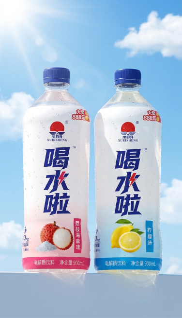 将荔枝海盐味和柠檬味的两款旭日升“喝水啦”电解质饮料并排摆放，参照参考图的清新摄影风格，背景为明亮的蓝天白云与太阳，光线通透自然，高清晰度，产品完整清晰，质感真实，画面清爽干净预览效果