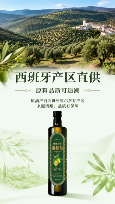 [第2屏] 西班牙产区直供，介绍快砳特级初榨橄榄油原料产地优势。
[氛围/风格] 自然产地风光氛围，真实纪实感，明亮开阔视觉感受。
[元素布局] 画面上半部分展示西班牙橄榄园全景，漫山橄榄树林景色开阔预览效果