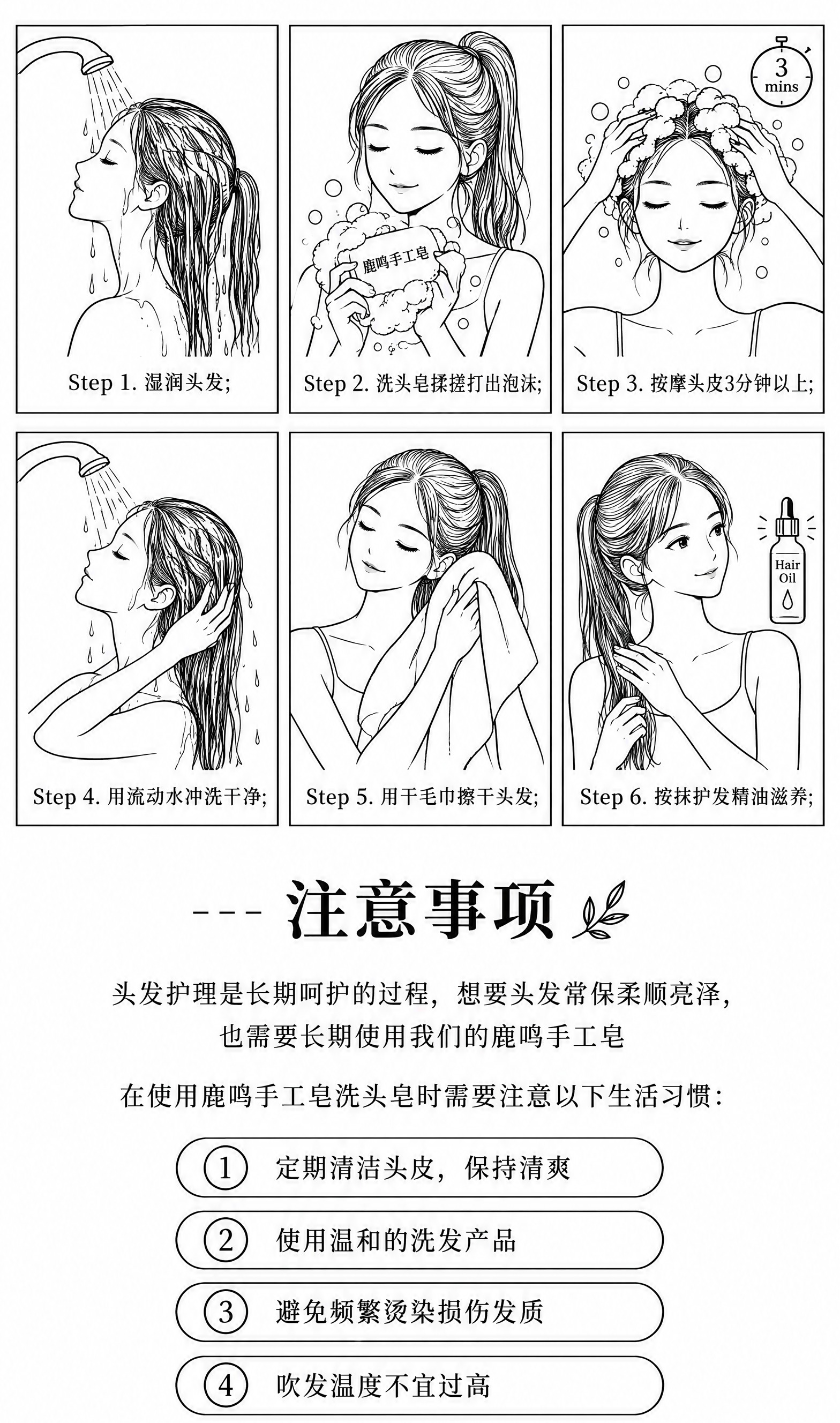 鹿鸣手工皂使用步骤与注意事项信息图，黑白线描手绘风格。上半部分… - 图片创意预览