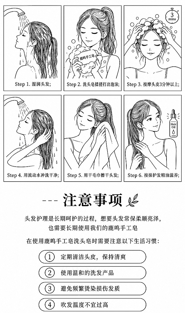 鹿鸣手工皂使用步骤与注意事项信息图，黑白线描手绘风格。上半部分6个方形线描插画：Step 1.湿润头发（女生在水龙头下冲头发）；Step 2.洗头皂揉搓打出泡沫（女生手持写有"鹿鸣手工皂"的香皂，揉搓出丰富泡沫）；Step 3.按摩头皮3分钟以上（女生双手按摩头皮，右上角3分钟计时器）；Step 4.用流动水冲洗干净（女生在水龙头下冲洗头发）；Step 5.用干毛巾擦干头发（女生用毛巾擦头发）；Step 6.涂抹护发精油滋养（女生双手涂抹发梢，右侧护发精油瓶）。下半部分注意事项板块，标题"注意事项"配叶子装饰，第一段：头发护理是长期呵护的过程，想要头发常保柔顺亮泽，也需要长期使用我们的鹿鸣手工皂。第二段：在使用鹿鸣手工皂时需要注意以下生活习惯：1.定期清洁头皮，保持清爽；2.使用温和的洗发产品；3.避免频繁烫染损伤发质；4.吹发温度不宜过高。整体简约黑白线描风格，人物优雅，排版清晰