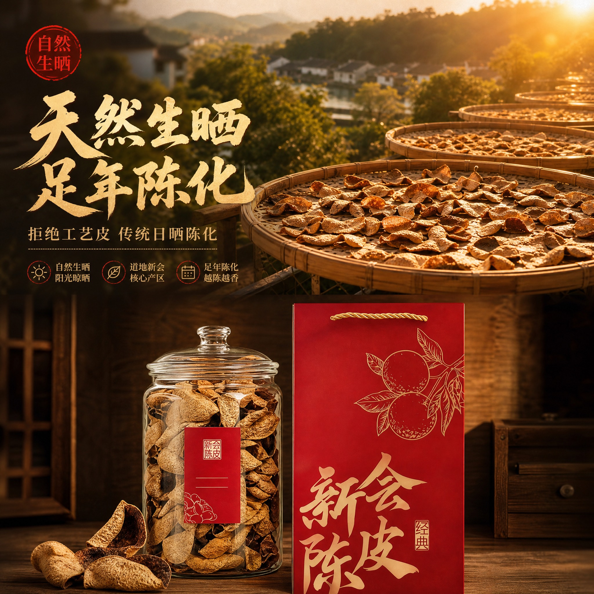 [主图-2] 新会陈皮产地溯源与工艺图，上下分层版式，上半部分… - 图片创意预览