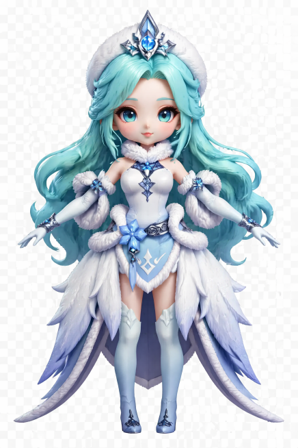 参考两张参考图的人物和服装造型，生成Q版3D人物正视图，发量更多，风格可爱，眼睛更大，五官更立体，透明背景预览效果