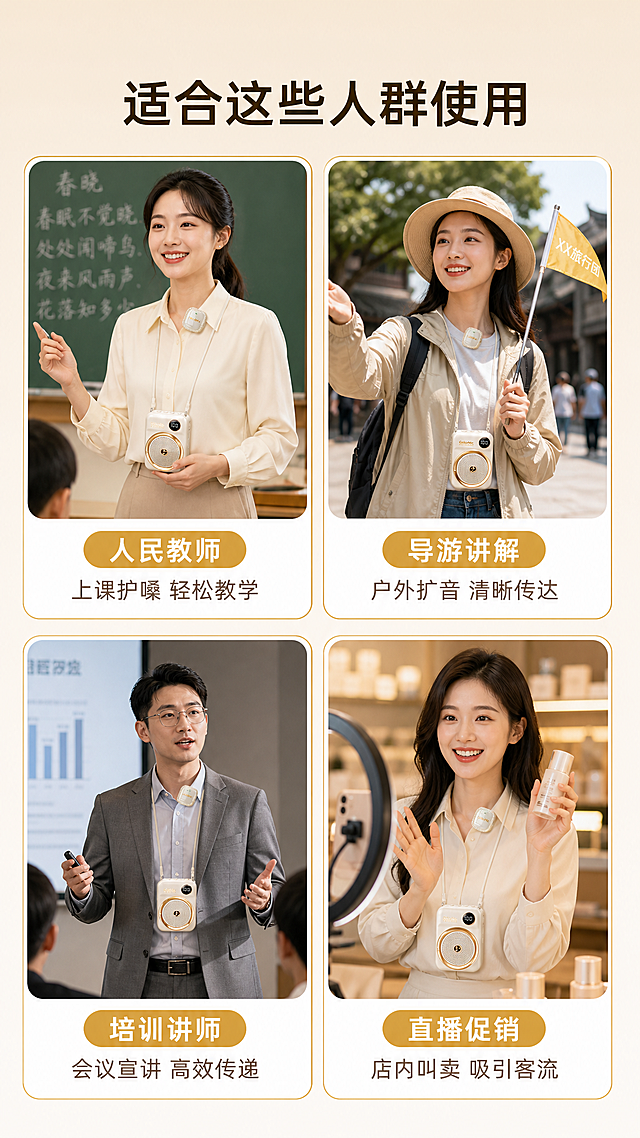 [第14张] 详情页适用人群-教师/导游/培训/讲师多人群适配。本张使用【图1】产品作为各人群佩戴产品参考。
[氛围/风格] 人群卡片版式，每个人群配小场景图，温暖专业。
[元素布局] 4个人群卡片2x2排列；每卡上方为人物小头像/半身场景图（佩戴产品），下方为人群标签+需求说明；分别为：教师（教室背景）、导游（户外背景）、培训讲师（会议室背景）、主播/促销员（室内背景）；背景为奶油米色渐变。
[光影质感] 每卡独立柔和打光，整体色调统一明亮。
[配色色系] 全局底色 #F5EBE0 奶油米；卡片白色底+金色边框；文字深棕+金色标签。
[视角构图] 2x2宫格卡片布局，标题在上，阅读动线从上到下。
[文字版式] 顶部主标题「适合这些人群使用」；每卡标题+1行需求说明：「人民教师 上课护嗓 轻松教学」「导游讲解 户外扩音 清晰传达」「培训讲师 会议宣讲 高效传递」「直播促销 店内叫卖 吸引客流」。
[比例分辨率] 9:16 竖版比例，2K 分辨率，文字清晰可辨。
[负向提示词] 产品变形，人物面部模糊，卡片不整齐，水印，文字错乱。